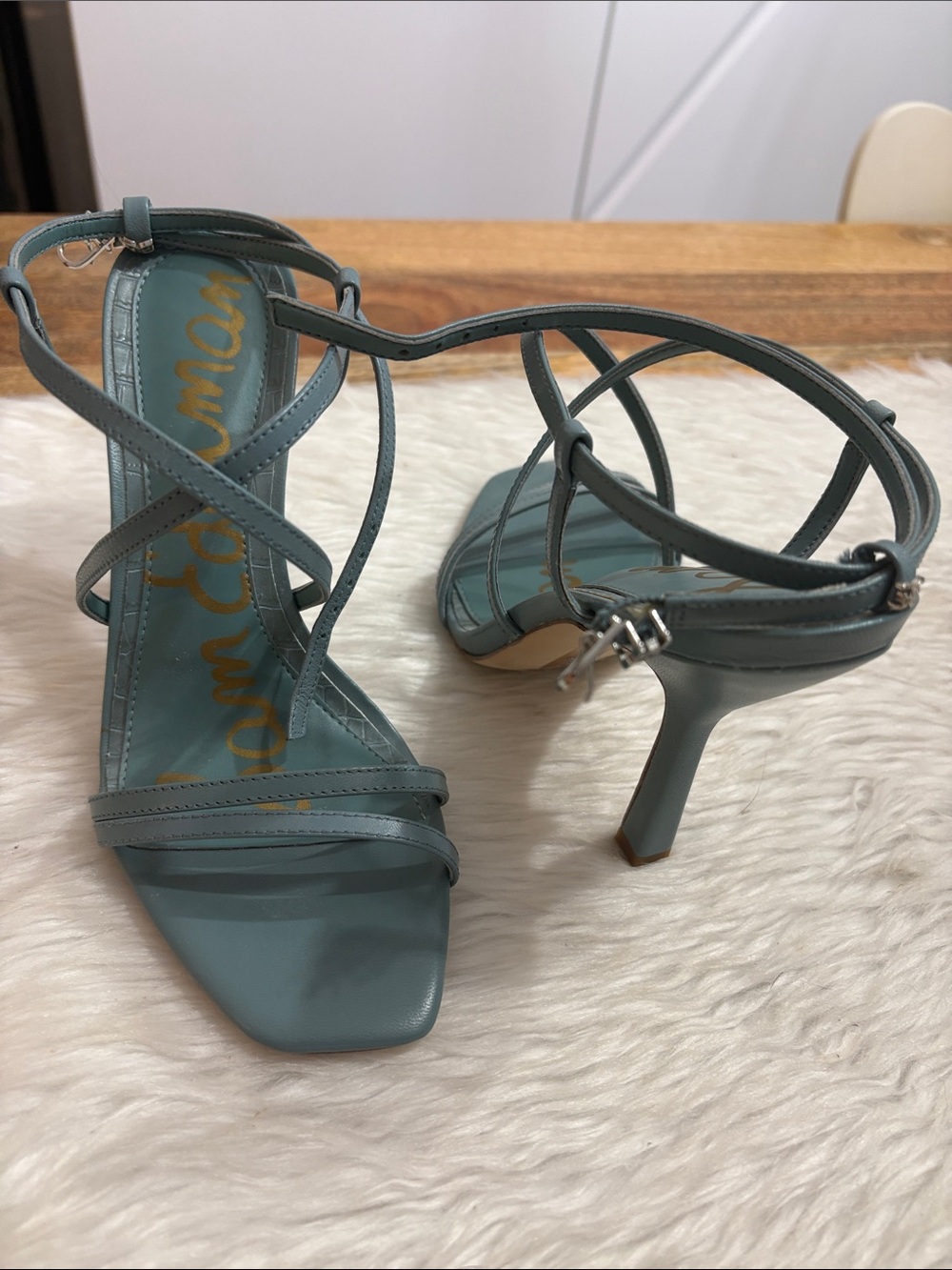 Sam Edelman Blue-Green Strappy Mid-Heel Sandals